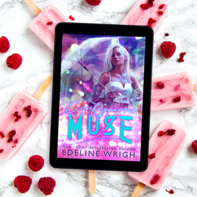 Confessions of a Muse by Edeline Wrigh; cover shows a blond woman holding an umbrella with neon lights behind her; shown on an ereader with popsicles