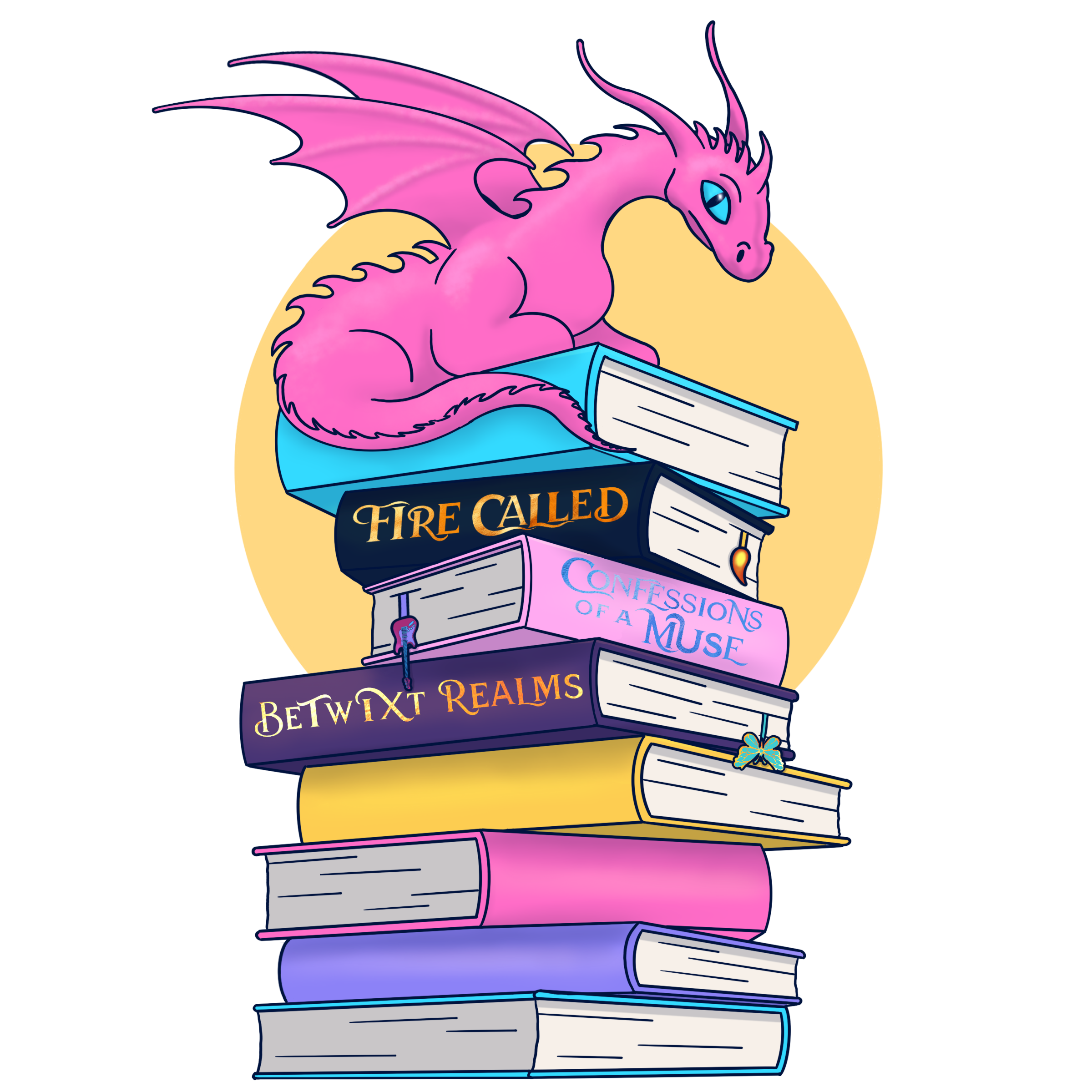 A dragon on a stack of books. Titles include "Fire Called," "Confessions of a Muse," and "Betwixt Realms."